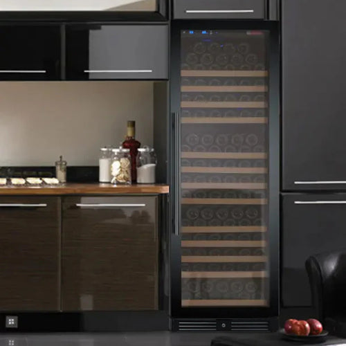 Allavino FlexCount II 177 bottle single zone wine refrigerator with black glass door, Tru-Vino cooling, FlexCount wood-front shelving, and fan-forced air circulation.

