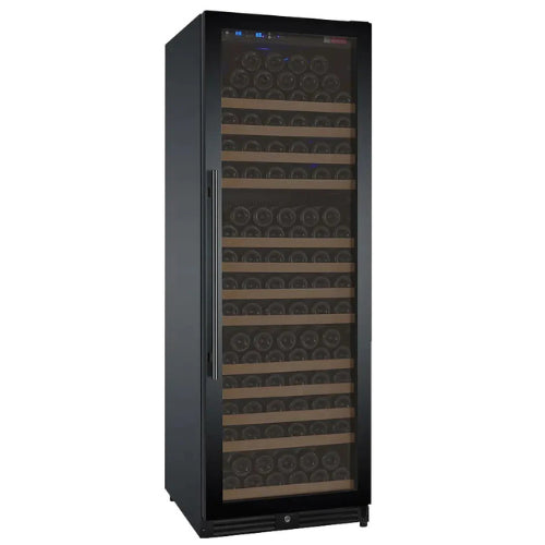 Allavino FlexCount II 177 bottle single zone wine refrigerator with black glass door, Tru-Vino cooling, FlexCount wood-front shelving, and fan-forced air circulation.

