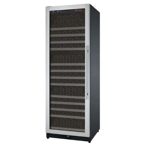 Allavino FlexCount II 177 bottle single zone wine refrigerator with stainless steel door, UV-protective glass, Tru-Vino temperature control, and adjustable glide-out shelving.