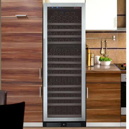 Allavino FlexCount II 177 bottle single zone wine refrigerator with stainless steel door, UV-protective glass, Tru-Vino temperature control, and adjustable glide-out shelving.