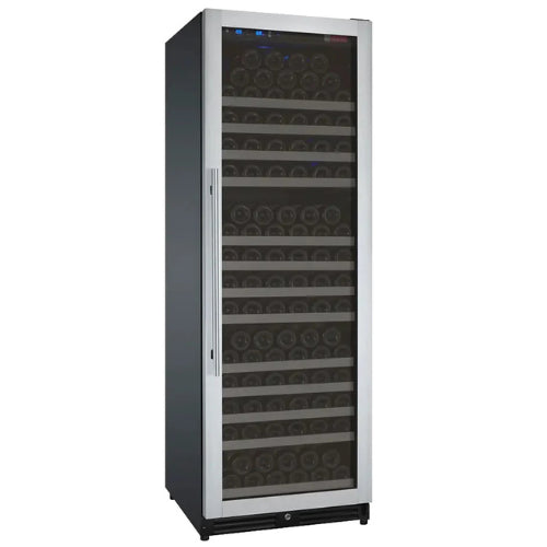Allavino FlexCount II 177 bottle single zone wine refrigerator with stainless steel door, Tru-Vino cooling, UV glass, and FlexCount glide-out shelving.

