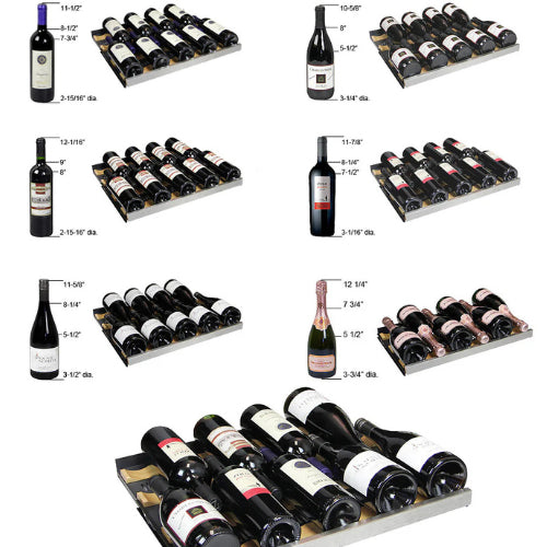 Allavino FlexCount II 177 bottle single zone wine refrigerator with stainless steel door, Tru-Vino cooling, UV glass, and FlexCount glide-out shelving.

