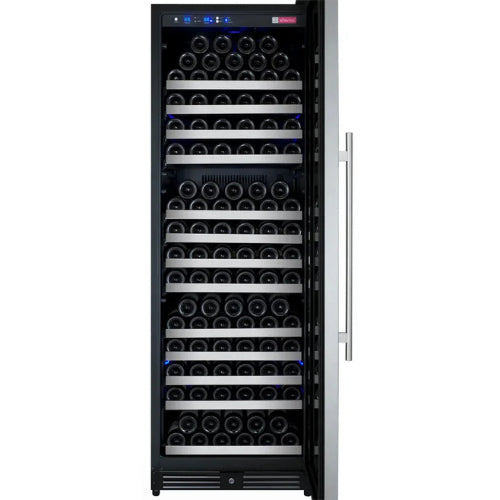 Allavino FlexCount II 177 bottle single zone wine refrigerator with stainless steel door, Tru-Vino cooling, UV glass, and FlexCount glide-out shelving.


