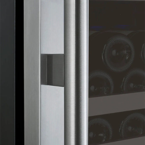 Allavino FlexCount II 177 bottle single zone wine refrigerator with stainless steel door, Tru-Vino cooling, UV glass, and FlexCount glide-out shelving.

