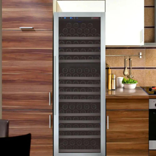 Allavino FlexCount II 177 bottle single zone wine refrigerator with stainless steel door, Tru-Vino cooling, UV glass, and FlexCount glide-out shelving.

