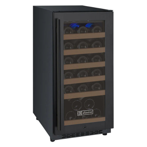 Allavino FlexCount II 30 bottle single zone wine refrigerator with black glass door, Tru-Vino cooling, UV protection, and wood-accented FlexCount shelving.