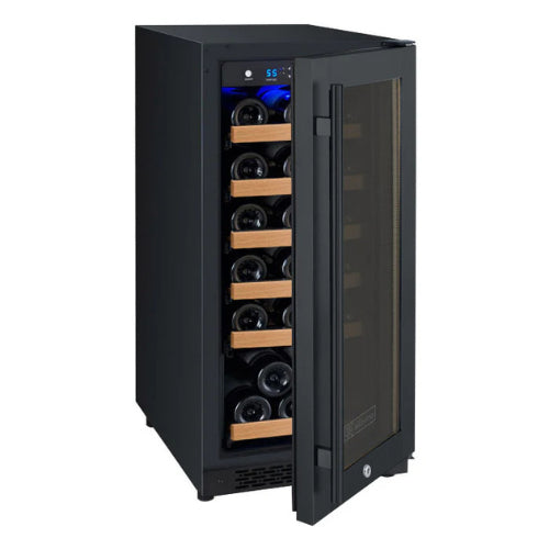 Allavino FlexCount II 30 bottle single zone wine refrigerator with black glass door, Tru-Vino cooling, UV protection, and wood-accented FlexCount shelving.
