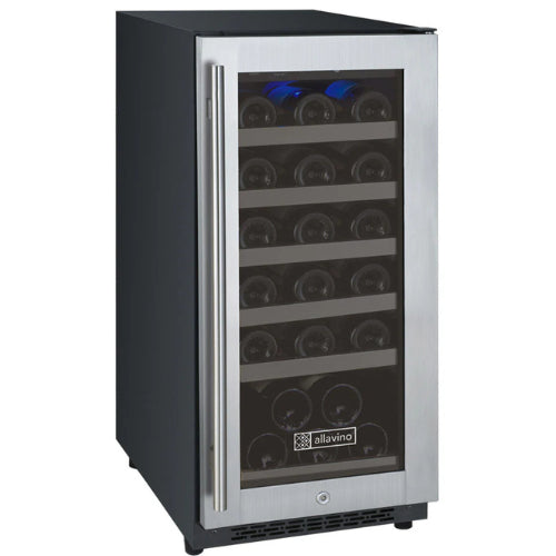 Stainless steel single zone wine fridge by Allavino with right-hinge door, UV glass, and glide-out wood-accented shelves in a sleek built-in design.

