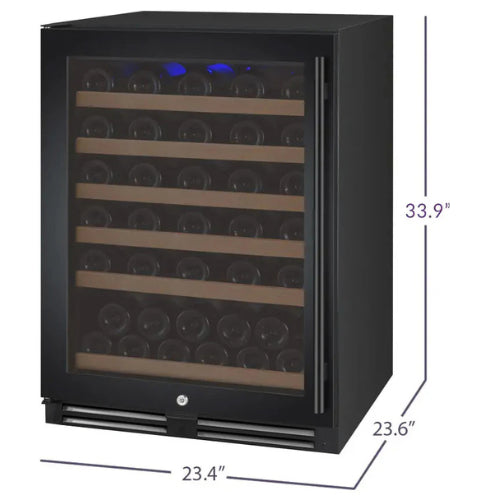 Allavino FlexCount II 56 bottle single zone wine refrigerator with black glass door, Tru-Vino cooling, UV protection, and wood-front FlexCount shelving.