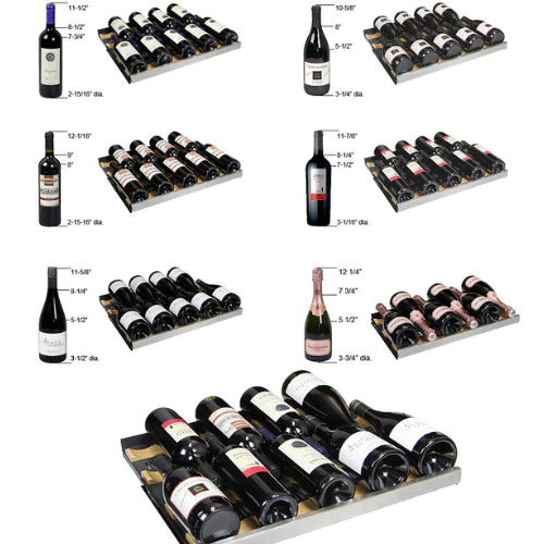 Allavino FlexCount II 56 bottle single zone wine refrigerator with black glass door, Tru-Vino cooling, UV protection, and wood-front FlexCount shelving.