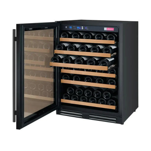 Allavino FlexCount II 56 bottle single zone wine refrigerator with black glass door, Tru-Vino cooling, UV protection, and wood-front FlexCount shelving.