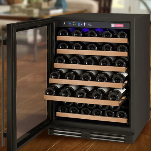 Allavino FlexCount II 56 bottle single zone wine refrigerator with black glass door, Tru-Vino cooling, UV protection, and wood-front FlexCount shelving.