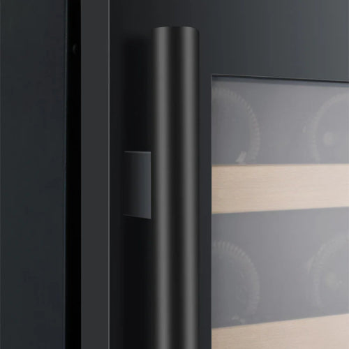 Allavino FlexCount II 56 bottle single zone wine refrigerator with black glass door, Tru-Vino cooling, UV protection, and wood-front FlexCount shelving.