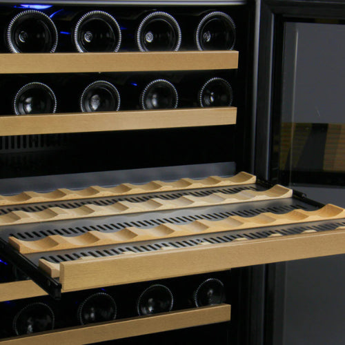 Allavino FlexCount II 56 bottle single zone wine refrigerator with black glass door, Tru-Vino cooling, UV protection, and wood-front FlexCount shelving.