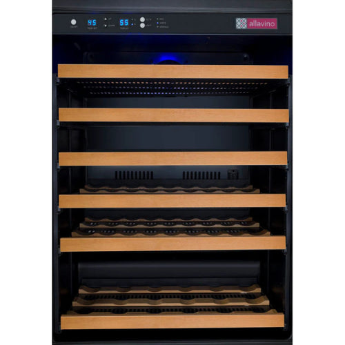 Allavino FlexCount II 56 bottle single zone wine refrigerator with black glass door, Tru-Vino cooling, UV protection, and wood-front FlexCount shelving.