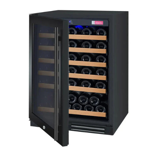 Allavino FlexCount II 56 bottle single zone wine refrigerator with black glass door, Tru-Vino cooling, UV protection, and wood-front FlexCount shelving.