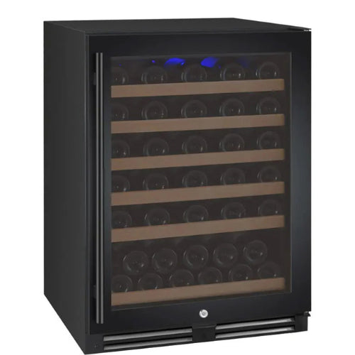 Allavino FlexCount 56 bottle single zone wine refrigerator with black glass door, Tru-Vino temperature control, and FlexCount wood-front shelving.