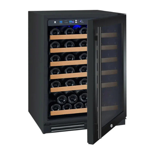 Allavino FlexCount 56 bottle single zone wine refrigerator with black glass door, Tru-Vino temperature control, and FlexCount wood-front shelving.