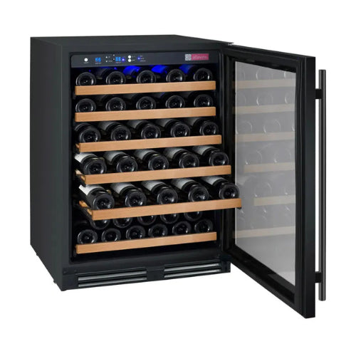 Allavino FlexCount 56 bottle single zone wine refrigerator with black glass door, Tru-Vino temperature control, and FlexCount wood-front shelving.