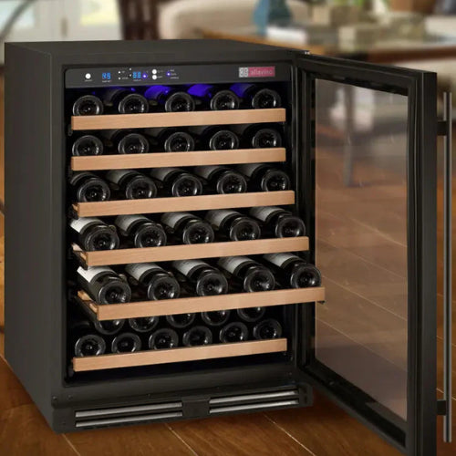 Allavino FlexCount 56 bottle single zone wine refrigerator with black glass door, Tru-Vino temperature control, and FlexCount wood-front shelving.