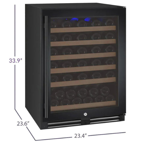 Allavino FlexCount 56 bottle single zone wine refrigerator with black glass door, Tru-Vino temperature control, and FlexCount wood-front shelving.