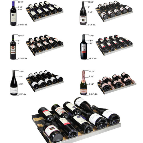 Allavino FlexCount 56 bottle single zone wine refrigerator with black glass door, Tru-Vino temperature control, and FlexCount wood-front shelving.