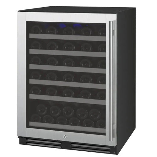 Allavino FlexCount II 56 bottle single zone wine refrigerator with stainless steel door, UV-resistant glass, Tru-Vino temperature control, and glide-out FlexCount shelving.