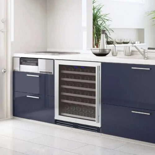 Allavino FlexCount II 56 bottle single zone wine refrigerator with stainless steel door, UV-resistant glass, Tru-Vino temperature control, and glide-out FlexCount shelving.