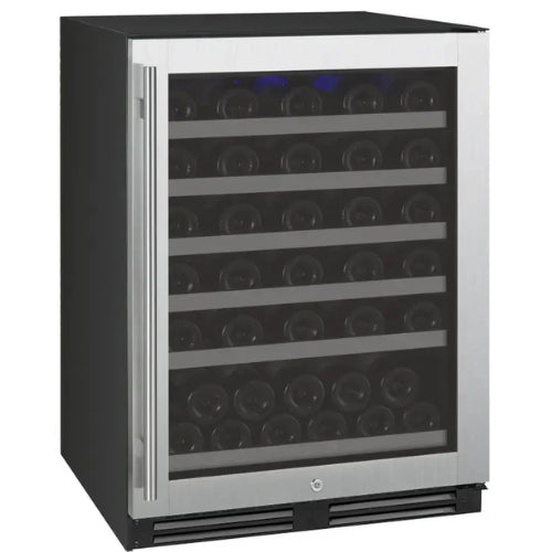 Allavino FlexCount II 56 bottle single zone wine refrigerator with stainless steel door, Tru-Vino temperature control, and FlexCount glide-out shelving.