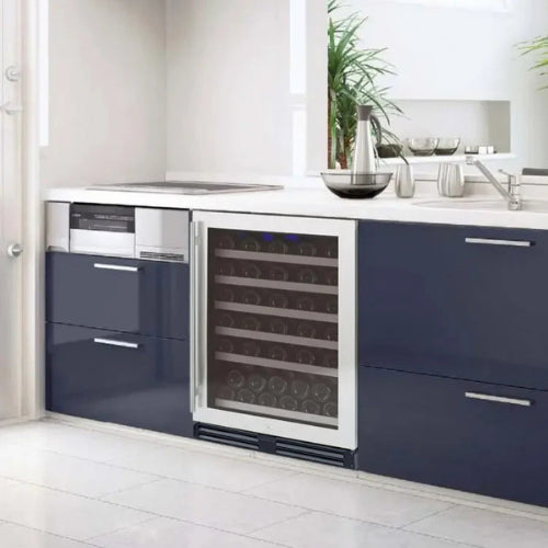 Allavino FlexCount II 56 bottle single zone wine refrigerator with stainless steel door, Tru-Vino temperature control, and FlexCount glide-out shelving.