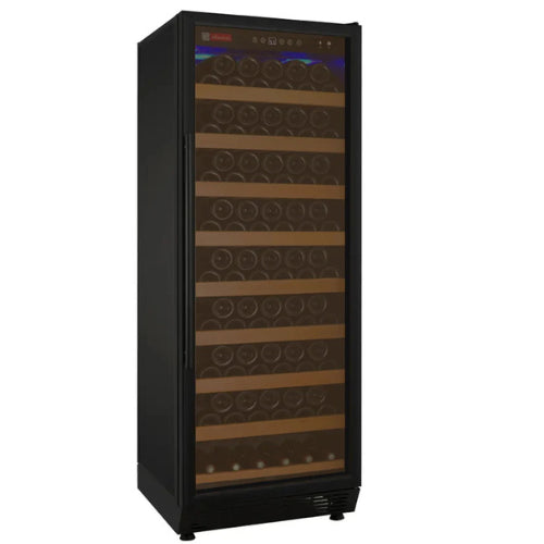 Allavino Vite II 99 bottle single zone wine refrigerator with black UV-resistant glass door, Tru-Vino temperature control, and adjustable hardwood-front shelves.