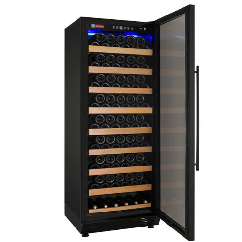 Allavino Vite II 99 bottle single zone wine refrigerator with black UV-resistant glass door, Tru-Vino temperature control, and adjustable hardwood-front shelves.