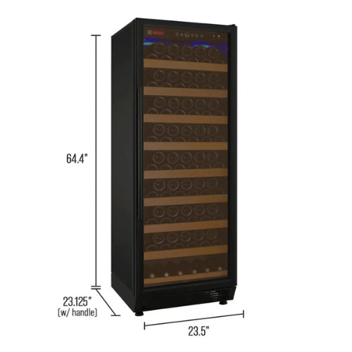 Allavino Vite II 99 bottle single zone wine refrigerator with black UV-resistant glass door, Tru-Vino temperature control, and adjustable hardwood-front shelves.