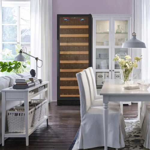 Allavino Vite II 99 bottle single zone wine refrigerator with black UV-resistant glass door, Tru-Vino temperature control, and adjustable hardwood-front shelves.