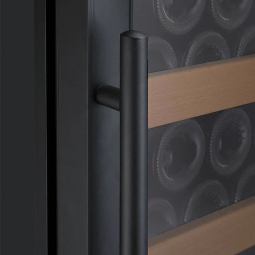 Allavino Vite II 99 bottle single zone wine refrigerator with black UV-resistant glass door, Tru-Vino temperature control, and adjustable hardwood-front shelves.