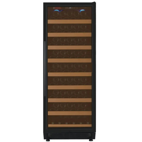 Allavino Vite II 99 bottle single zone wine refrigerator with black UV-resistant glass door, Tru-Vino temperature control, and adjustable hardwood-front shelves.