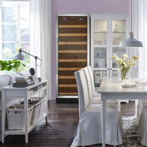 Allavino Vite II 99 bottle single zone wine refrigerator with stainless steel door, Tru-Vino temperature control, UV glass, and wood-front glide-out shelves.