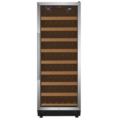 Allavino Vite II 99 bottle single zone wine refrigerator with stainless steel door, Tru-Vino temperature control, UV glass, and wood-front glide-out shelves.