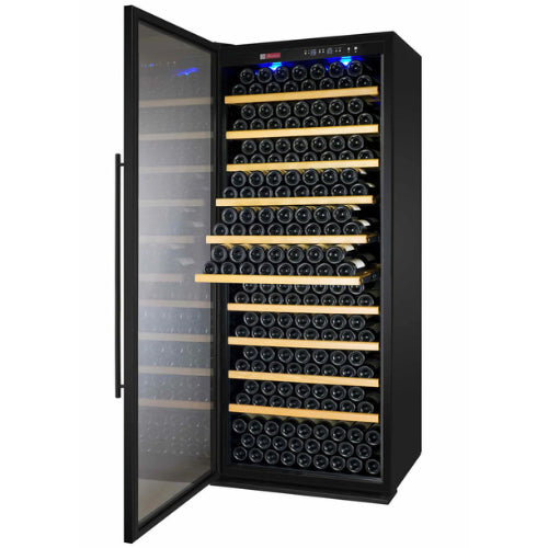 Luxury black single zone wine refrigerator by Allavino, featuring a UV-resistant glass door, wood-accented shelving, and elegant LED lighting in a high-end interior setting.