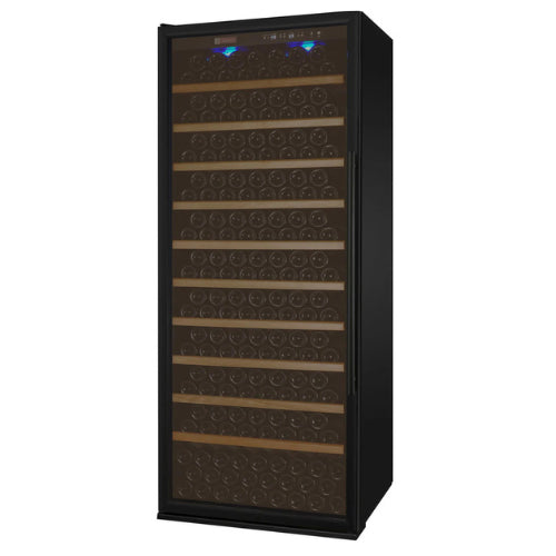 Luxury black single zone wine refrigerator by Allavino, featuring a UV-resistant glass door, wood-accented shelving, and elegant LED lighting in a high-end interior setting.