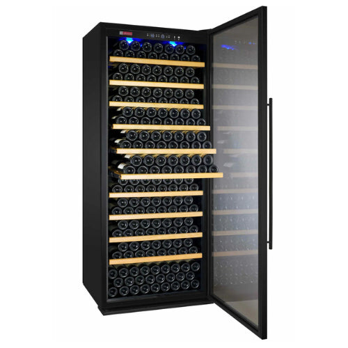 Allavino Vite II 277 bottle single zone wine refrigerator with black UV-resistant glass door, Tru-Vino temperature control, and adjustable glide-out hardwood shelving.