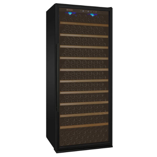 Allavino Vite II 277 bottle single zone wine refrigerator with black UV-resistant glass door, Tru-Vino temperature control, and adjustable glide-out hardwood shelving.