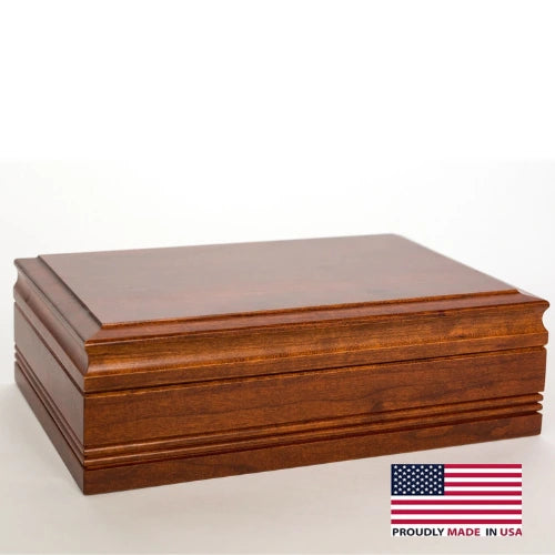 American Chest 50 ct Amish cigar humidor handcrafted from solid maple with Spanish cedar interior, Heritage Cherry finish, and built-in Boveda humidity control.

