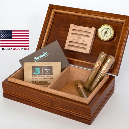 American Chest 50 ct Amish cigar humidor handcrafted from solid maple with Spanish cedar interior, Heritage Cherry finish, and built-in Boveda humidity control.

