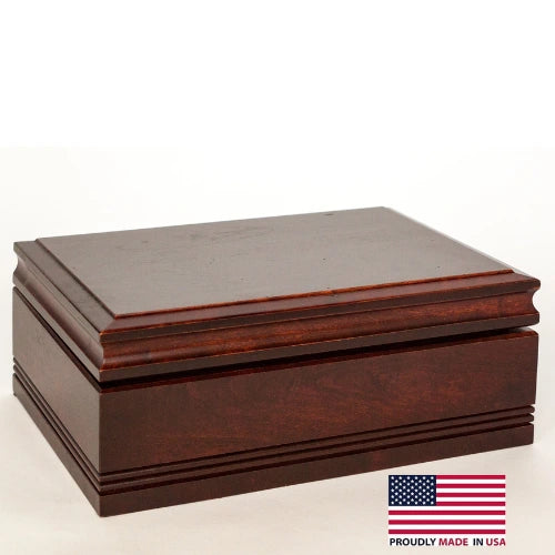 American Chest 75 ct Amish cigar humidor made from solid maple with Spanish cedar interior, Mahogany finish, Boveda humidity control, and analog hygrometer.