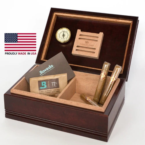 American Chest 75 ct Amish cigar humidor made from solid maple with Spanish cedar interior, Mahogany finish, Boveda humidity control, and analog hygrometer.