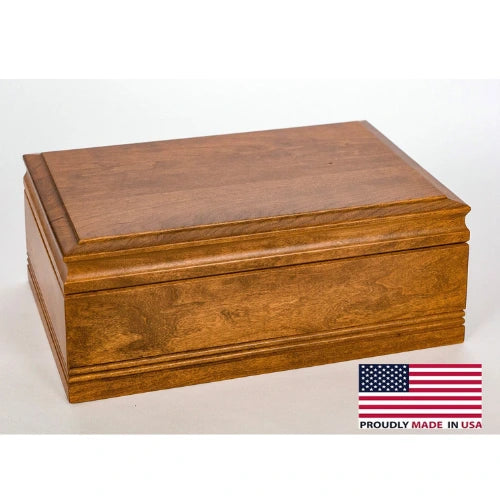American Chest 75 ct Amish cigar humidor handcrafted from solid maple with Spanish cedar interior, English Walnut finish, and Boveda humidity control system.