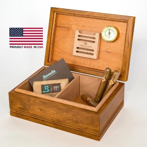 American Chest 75 ct Amish cigar humidor handcrafted from solid maple with Spanish cedar interior, English Walnut finish, and Boveda humidity control system.