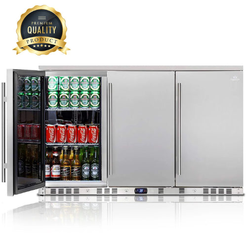 KingsBottle triple-door outdoor beverage cooler with stainless steel body, Embraco compressor, Carel digital control, and 324 can or 190 bottle capacity.