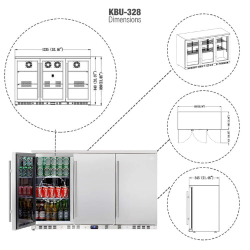 KingsBottle triple-door outdoor beverage cooler with stainless steel body, Embraco compressor, Carel digital control, and 324 can or 190 bottle capacity.